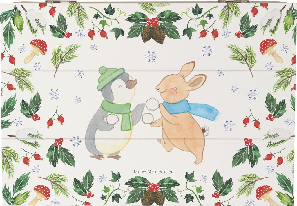 Mr. & Mrs. Panda Holzkiste Pinguin Hase Schneeballschlacht 22 x 15 cm - Weiß - Geschenk, Holzbox, Box, Schatzkiste, Weihnachten, Kiste, Geschenkbox