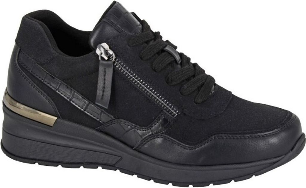 A black women's sneaker with a side zipper and laces.