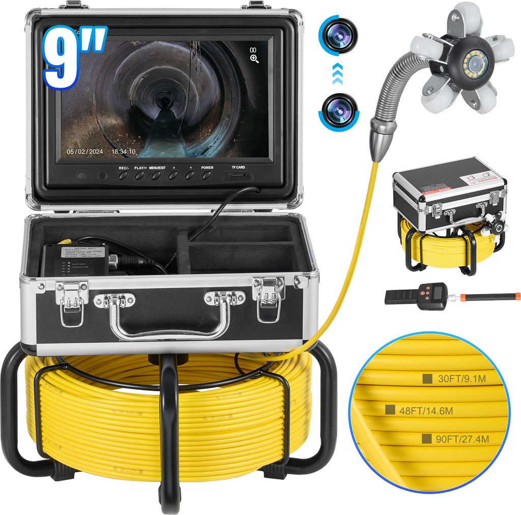 VEVOR Kanalkamera mit 512-Hz-Ortungsgerät, 30 m, selbst nivellierende Rohrinspektionskamera mit 9-Zoll-1080P-HD-Bildschirm, 36-fachem Zoom, Rohrka...