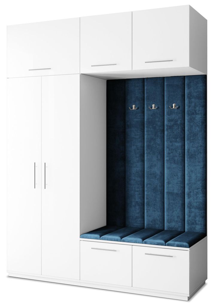 Masseno Garderobe-Set REMA 180/240/60 cm Modern Garderobenschrank Weiß, Veloursstoff MONOLITH 77 (Blau)
