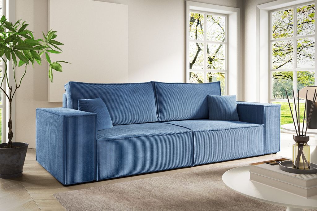 3-Sitzer-Sofa ANTONIO POSSO 255x105x70 cm, Couchgarnitur / Wohnzimmersofa mit Schlaffunktion & Bettkästen, Sofabett mit Bezug in Cord - Hellblau