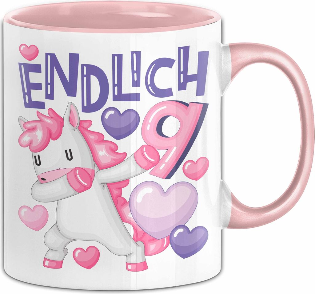 9. Geburtstag Geschenk Tasse Becher Mädchen Einhorn Geburtstagsgeschenk Tochter Endlich 9 (Rosa)
