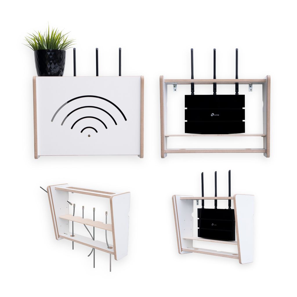 A collage of four images showing different angles and configurations of a router storage box, some with routers inside and one with a plant on top.