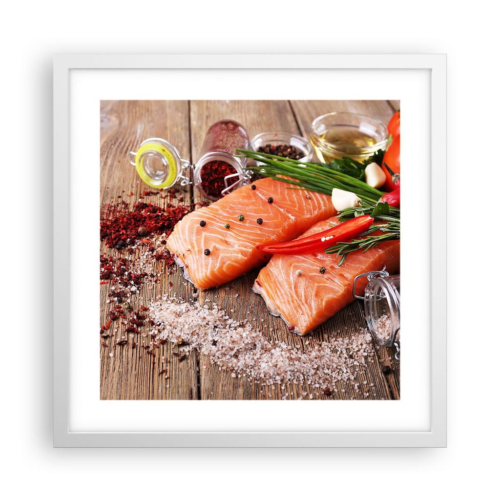 Gerahmtes Poster - Weißer Rahmen - Lachs Fisch Essen Küche - 40x40 cm - Wand Bild - Wanddeko - Wandbilder - Kunstposter - Wandposter - Bilderrahm...