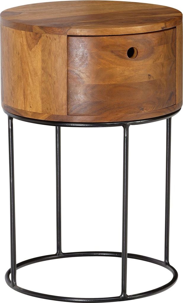 Nachtkonsole Sheesham Massivholz Metall 40x40x60 cm Nachttisch Braun, Design Nachtkommode Rund Boxspringbett mit Schublade, Nachtkästchen mit Stau...