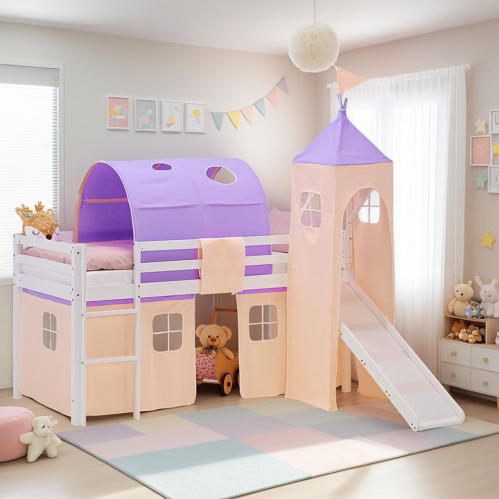 Homestyle4u Hochbett 90x200 Kinder Weiß Rutsche mit Tunnel Produktbild 