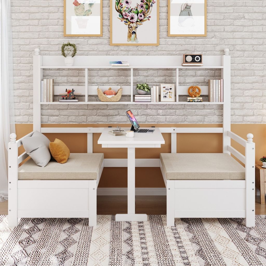 Odikalo Massivholzbett Gästebett Schlafsofa 2-in-1 Schreibtisch Bücherregal Weiß 200x90cm
