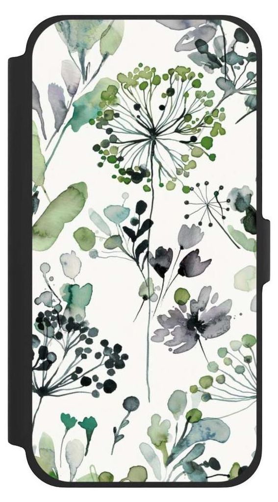 NIVOCASE Klapphülle für Apple iPhone 13 Pro Max Handyhülle aus Kunst Leder NIVOflip schwarz Blumen Wasserfarbe Eukalyptus