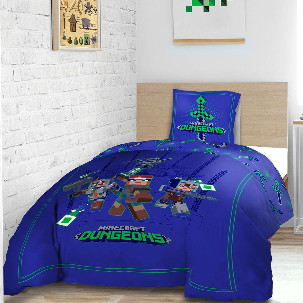 Minecraft Bettwäsche Set für Jungen · Kinderbettwäsche 135x200 80x80 cm aus 100% Baumwolle mit Reißverschluss · Motiv Dungeons Dunkelblau mit...