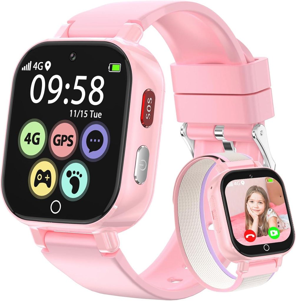 Alutoria Smartwatch für Kinder-Uhr mit GPS und Telefon 4G Videoanrufen Sprachchat Schrittzähler Kamera SOS Schulmodus Wecker–Uhr für Mädchen ...