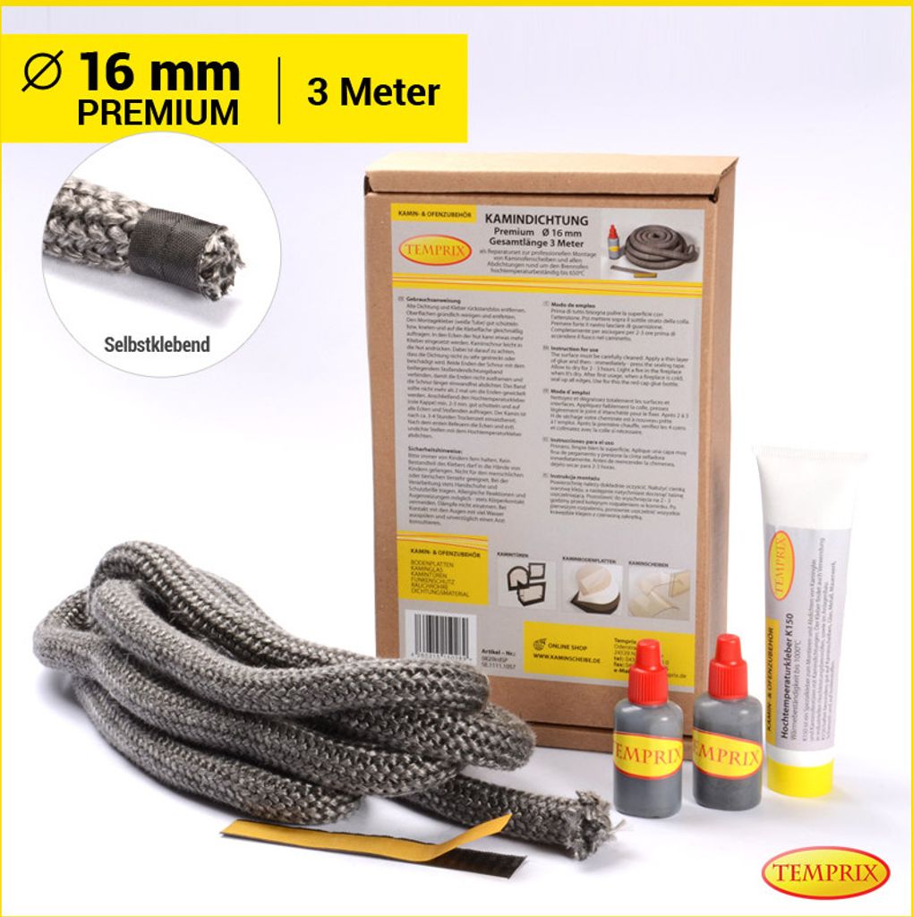 A collage of a fireplace sealing rope kit, including the rope, adhesive, and packaging.