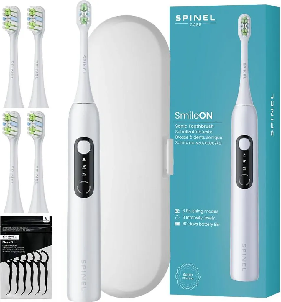Spazzolino Sonico SpinelCare SmileOn Bianco: 3 Modalità + 4 Punte - 1