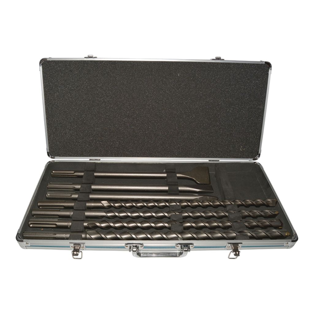 A set of drill bits and chisels in an open metal case.