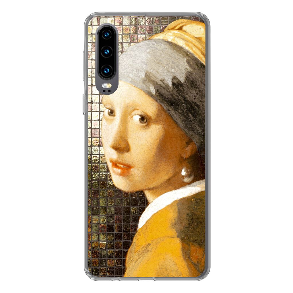 MuchoWow Handyhülle Schutzhülle Hülle für Huawei P30 Mädchen mit Perlenohrring - Vermeer - Kacheln Silikon Softcase Handy Hülle - Kartenbes...