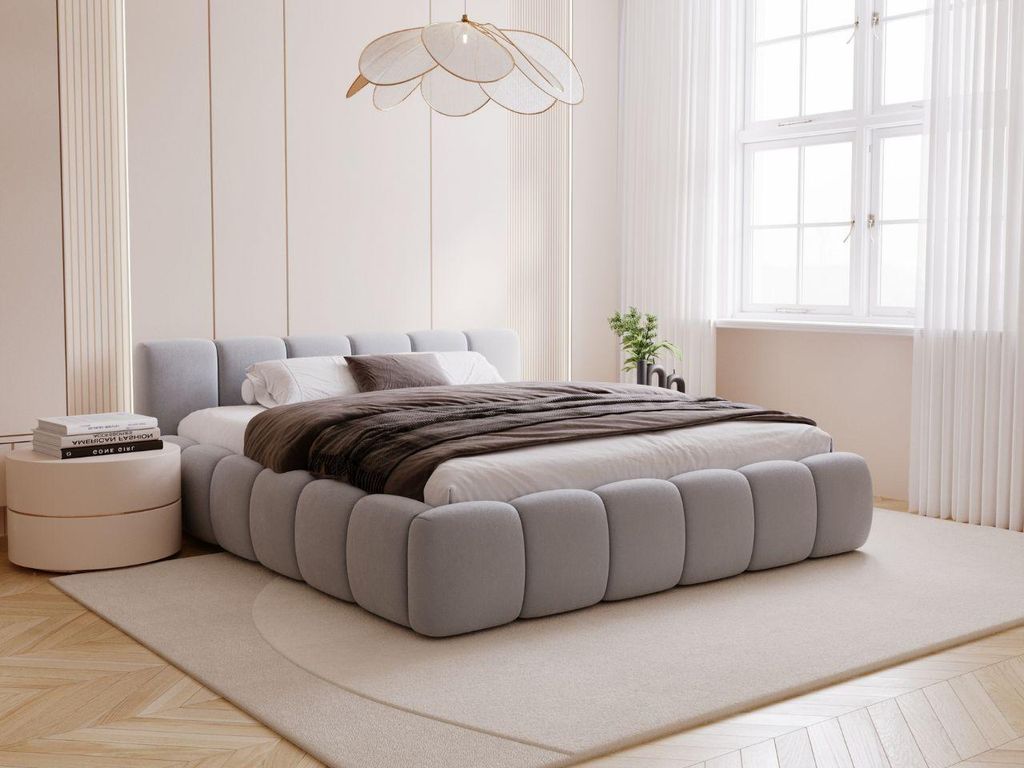 GrainGold Polsterbett Cloud Low 180x200 cm - Bett 180x200, Polsterbett mit Lattenrost und Bettkasten - Bett mit Velvet-Stoff - Grau