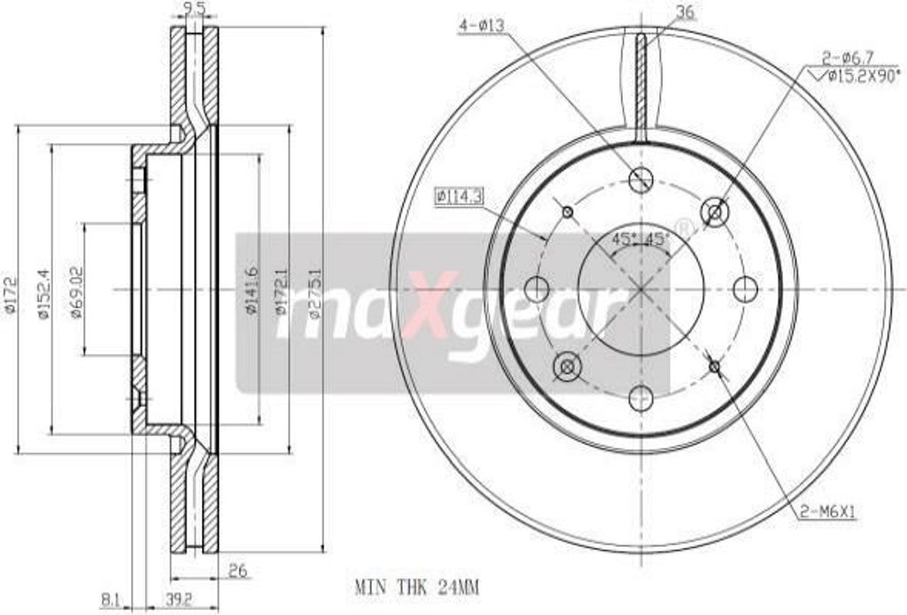 Bremsscheibe innenbelüftet 275 mm Durchmesser 26 mm Dicke Vorderachse