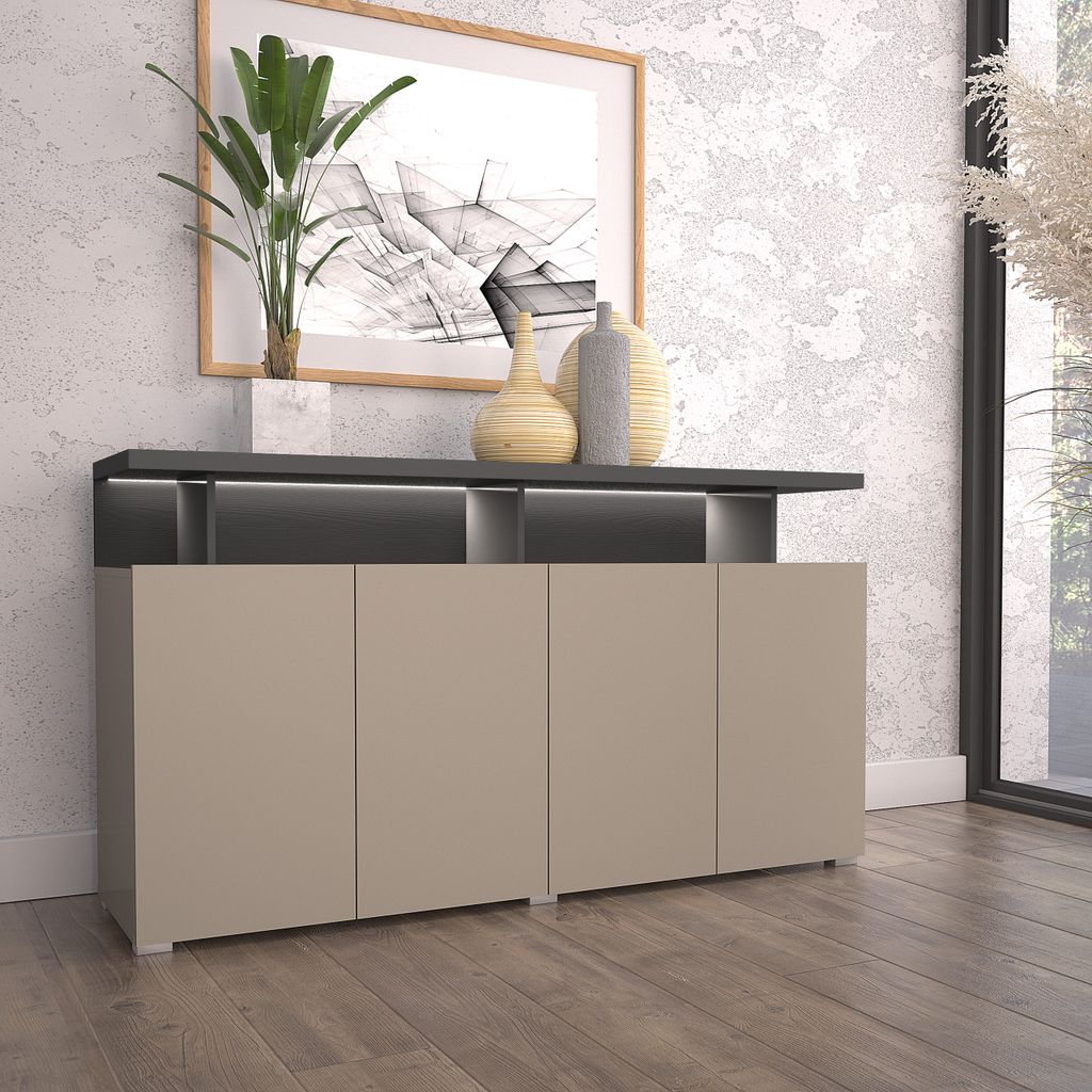 Masseno Kommode SERENITA 153 cm Sideboard und 4 Türen für Wohnzimmer Schlafzimmer Modern 153x40x84 cm Beige / Beige