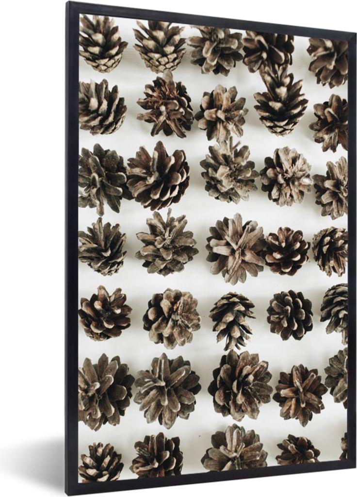 MuchoWow Gerahmtes Poster Tannenzapfen - Winter - Weiß 60x90 cm - Poster mit Schwarzem Bilderrahmen Wandposter Rahmen Foto Bilder - Kunst