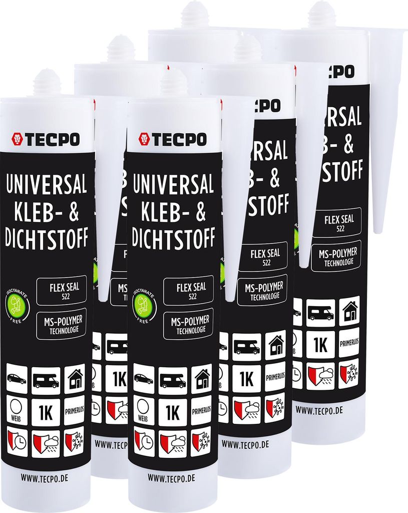 TECPO Universal Kleb- und Dichtstoff SMP Hybrid, 6x 480g Weiß Flex Seal 522 elastisch, silikonfrei, lösemittelfrei- KFZ Bau Industrie Innen und A...
