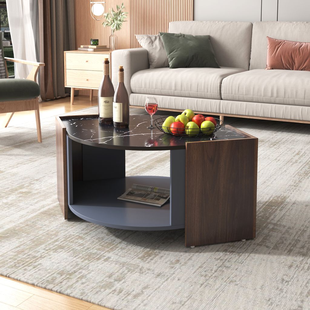 MODFU Couchtisch Wohnzimmertisch für Wohnzimmer, Schlafzimmer, Beistelltisch h aus Marmor und Walnuss in kontrastierenden Farben,Schwarz und Holz