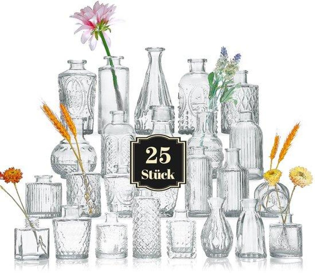 Set aus 25 kleinen Glaskrügen, Mini-Blumenvasen aus transparentem Glas für große Lieferungen, kleine antike Blumenvasen für Hochzeitsfeiern, Fe...