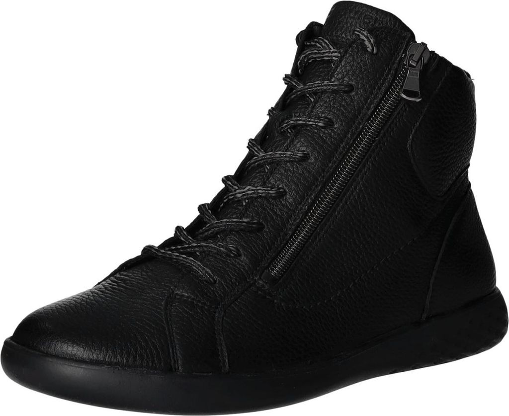 A black leather high-top sneaker with laces and a side zipper, shown against a white background.