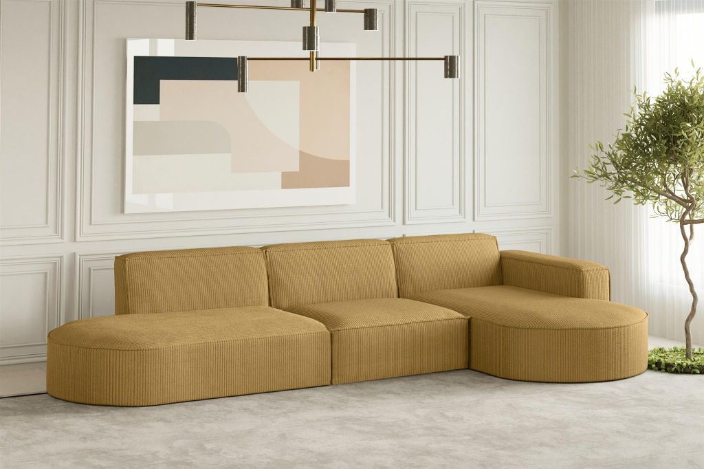 Ecksofa Designersofa PALMA in Stoff Scala Senfgelb Ottomane Rechts