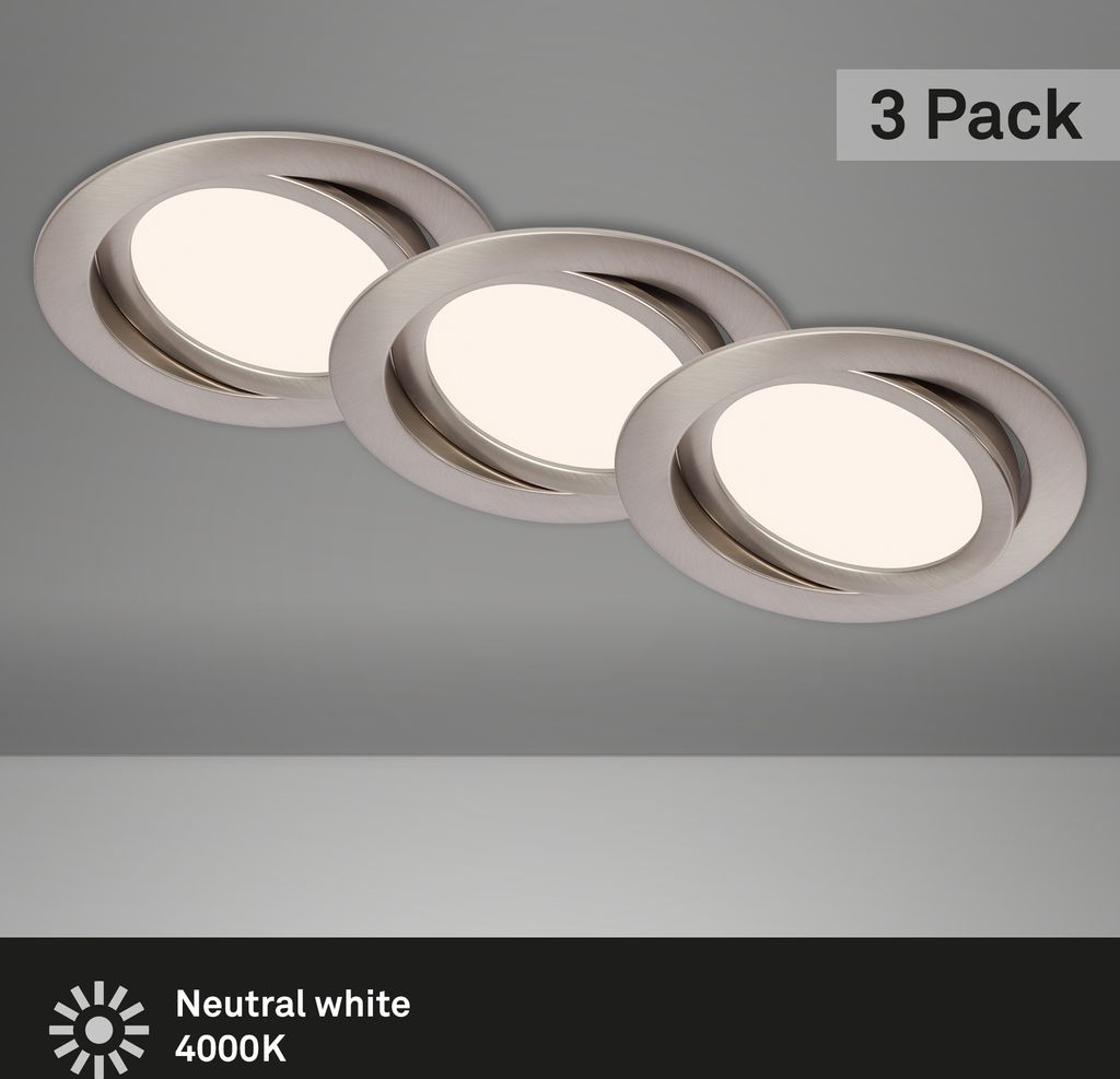 LED Einbauleuchte BRILONER LEUCHTEN FLAT IN, 9 W, 800 lm, IP23, matt-nickel, Kunststoff, 3er Set, Ø 14 cm