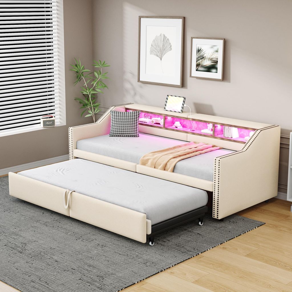 MODFU Schlafsofa mit ausziehbares Bett 90/180x200 Tagesbett,Jugendbett mit LED Beleuchtung und USB Anschluss,mit Lattenrost,Beige(ohne Matratze)