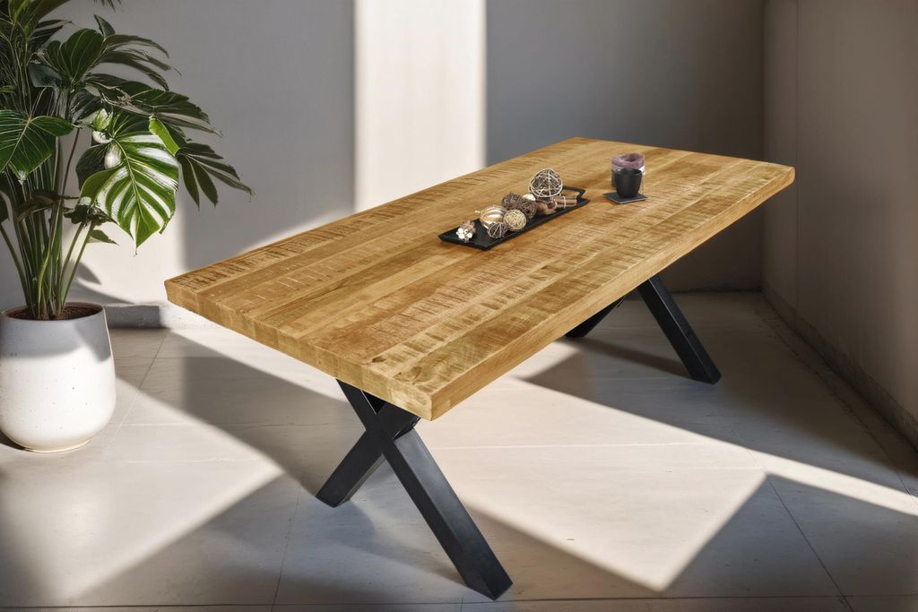Esstisch 180 x 90 cm Libro, Mangoholz massiv & raue Oberfläche, Esszimmertisch mit X-Metallgestell in Schwarz, gerade Kante