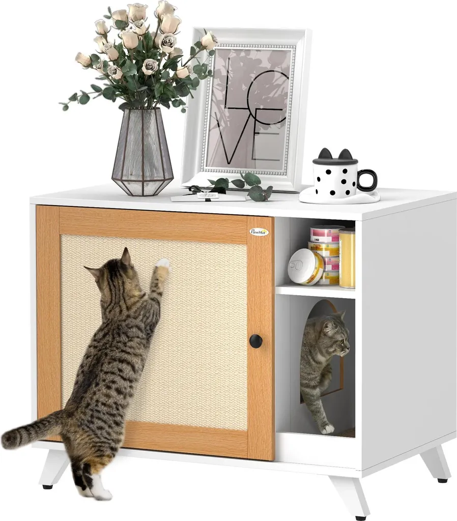 Cache-litière design blanc et chêne avec tapis anti-saleté et griffoir