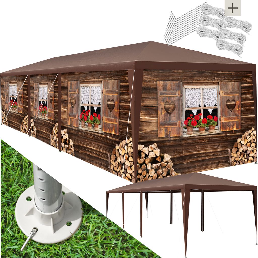 A collage of images showing a pavilion with a chalet-like print, its components, and a grassy area.