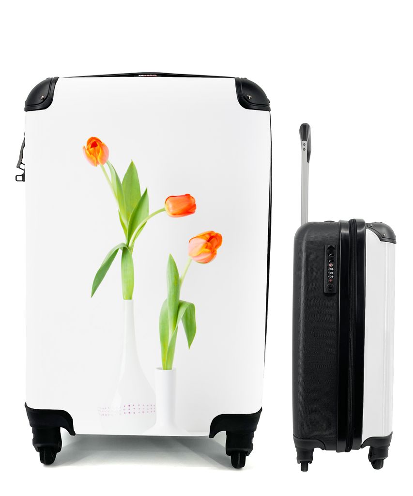 MuchoWow Koffer Handgepäck Trolley Rollkoffer Kleine Reisekoffer mit 4 Rollen - Tulpen - Orange - Blumen - Cabin Size < 55x40x23 cm & 55x40x20 c...