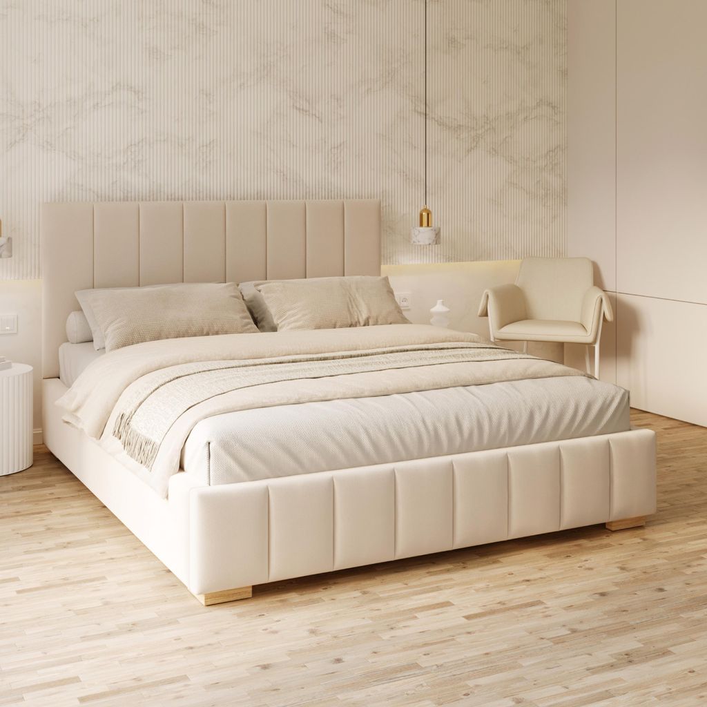 FDM Bett DENTON Trinity 120x200 cm Polsterbett mit Lattenrost aus Metall Bettkasten Stauraumbett Samt creme