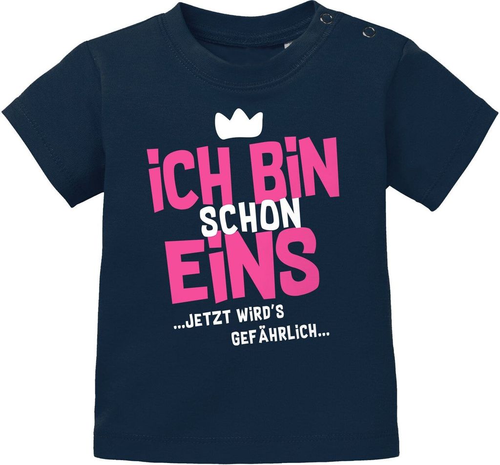 Baby T-Shirt 1. Geburtstag Spruch Ich bin schon 1 jetzt wird's gefährlich Geburtstagsshirt Baumwolle MoonWorks navy-pink 56/62 (1-3 Monate)