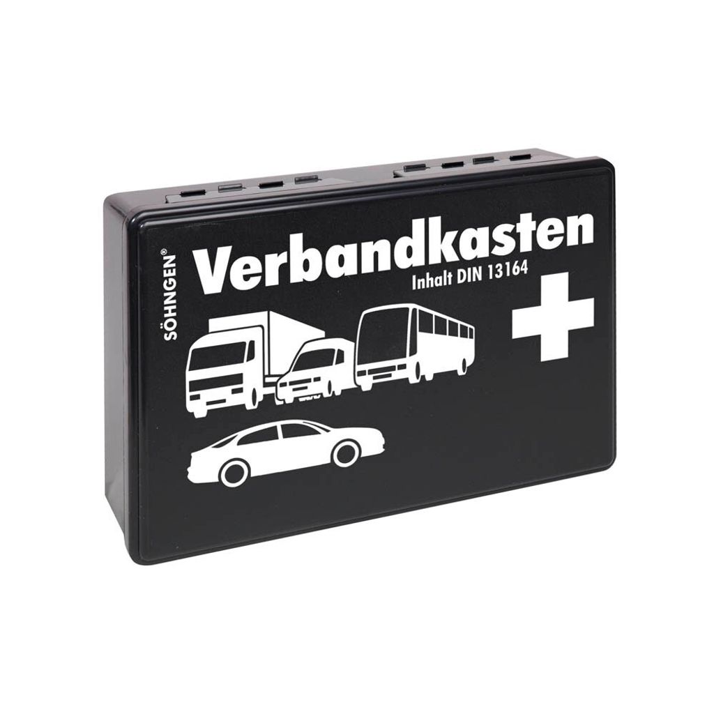 A black first aid kit box with vehicle illustrations and text.