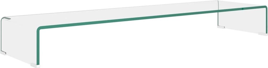 A clear, studio shot of a transparent glass TV stand or monitor riser on a white background.