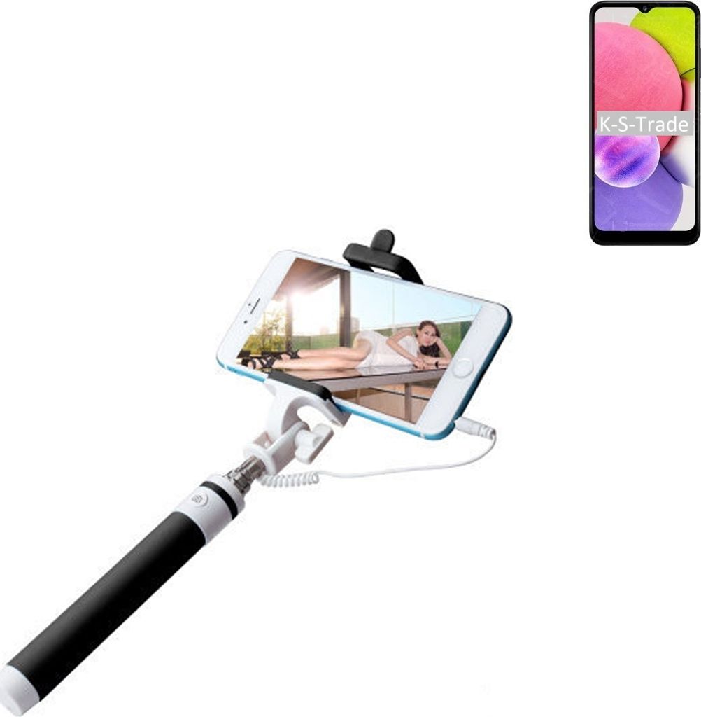 K-S-Trade Selfie Stick kompatibel mit Samsung Galaxy A03 Selfiestick kabelgebunden Monopod mit Kabel Stab Stange Selfportrait Handheldstick schwarz