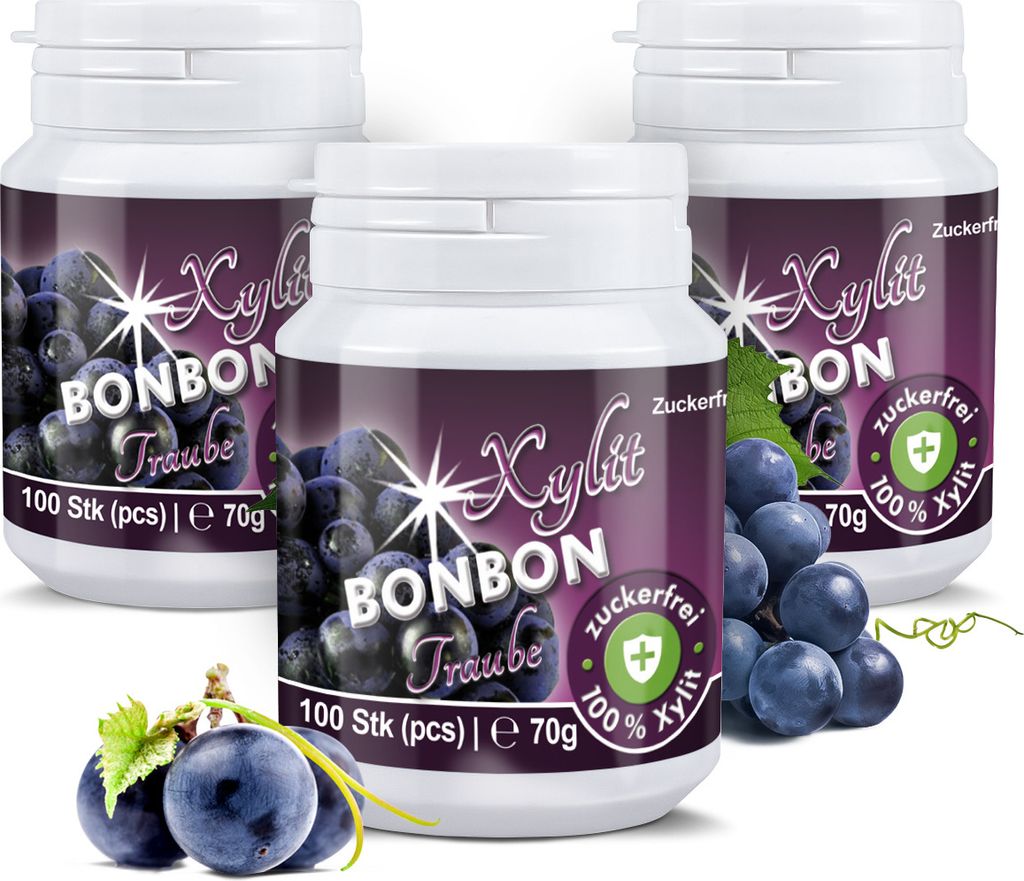 Xylit Birkenzucker Bonbon Blaue Traube als Munderfrischung | 3 x 70g | 300 Xylit Bonbons | zuckerfrei, vegan, ohne Aspartam