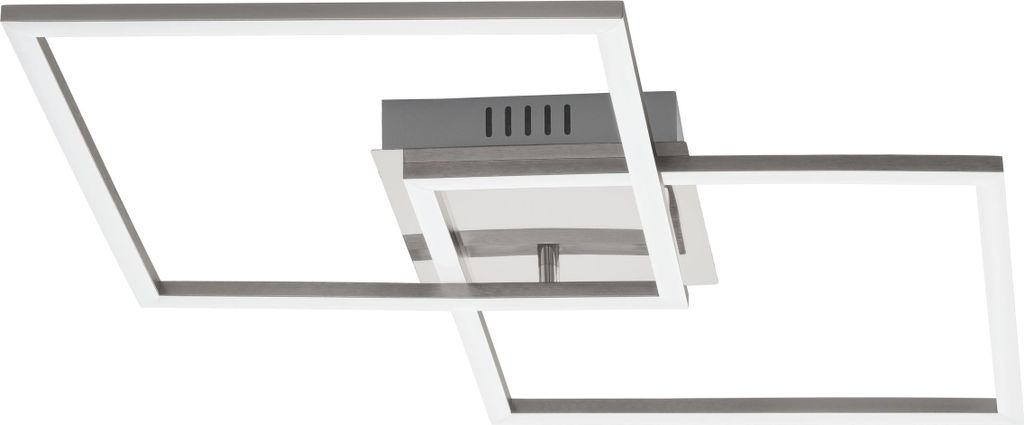 A modern ceiling light with two intersecting square frames.