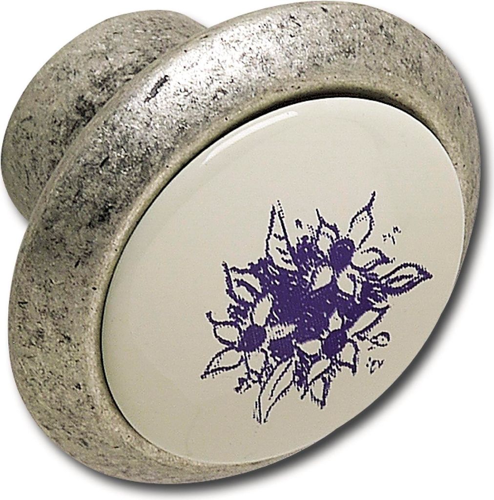 Citterio Möbelknopf Tampa ø 40mm - Knauf für Schrank mit Kunststoffeinlage - blauene Blume, Zinkdruckguss altsilber / Kunststoff