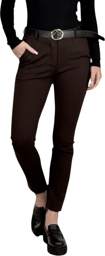 434 Damen Freizeithose Damen Stretchhose mit Reißverschluss und Gürtel Braun XL
