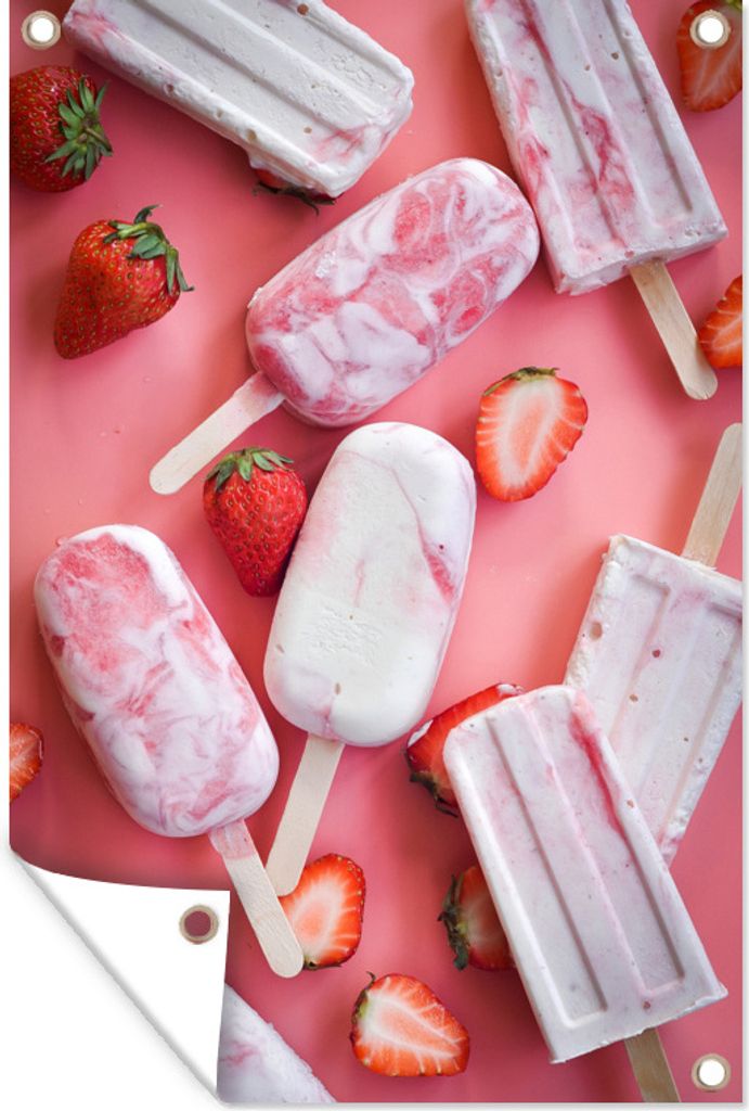 MuchoWow 60x90 cm Outdoor-Poster Gartendeko Sichtschutz Garten Poster für den Garten Eis am Stiel mit Erdbeeren