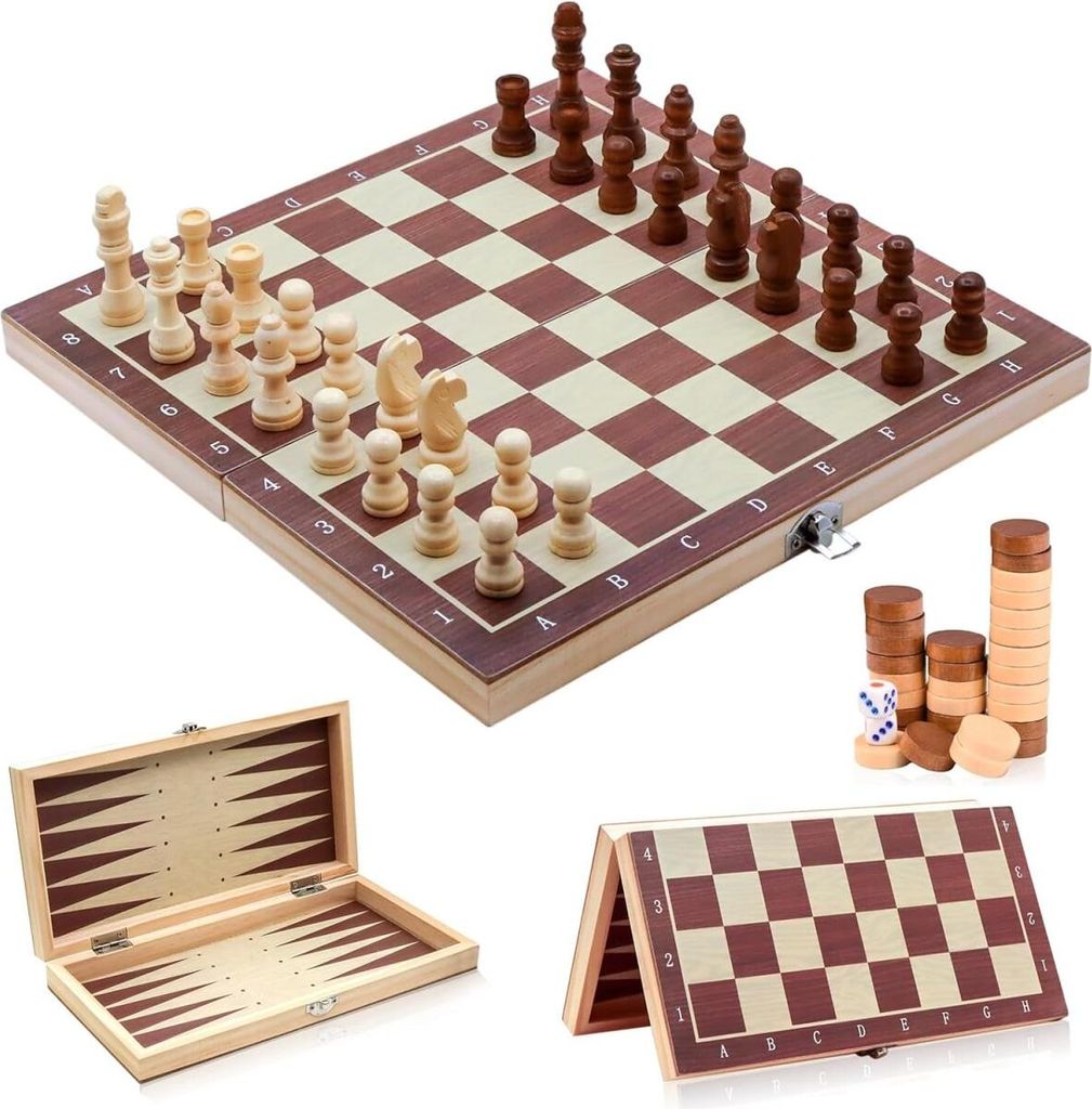 3-in-1 Brettspiel Schachspiel aus Holz – Schach, Dame & Backgammon, faltbar