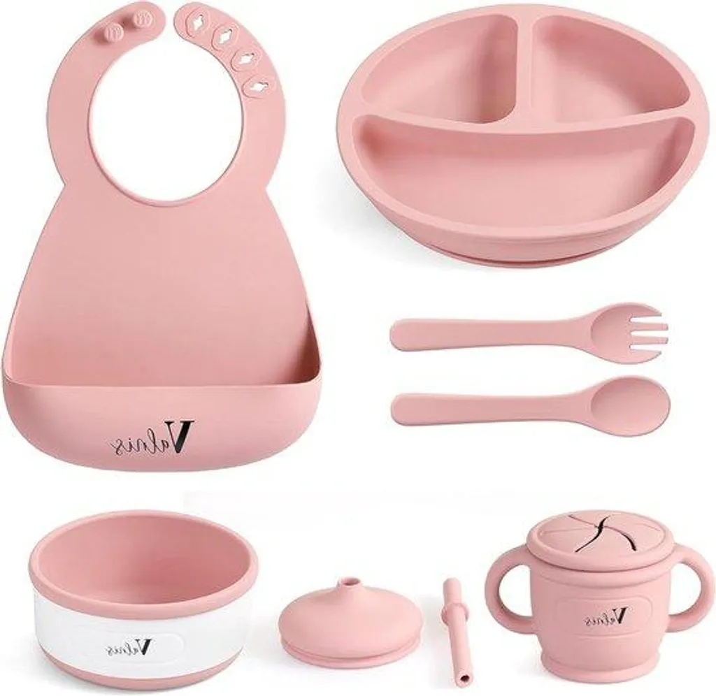 Lot 6 bavoirs repas bébé en silicone souple facile à nettoyer rose