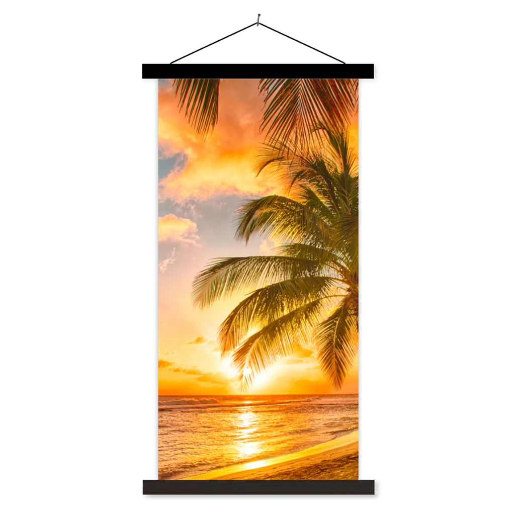 MuchoWow Textilposter Sonnenuntergang - Palme - Wolken - Meer - Strand 40x80 cm mit schwarzem Rahmen - Wandemalerei