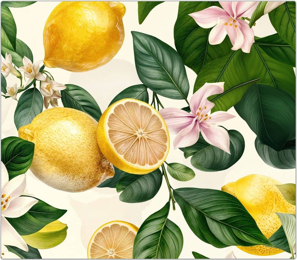 Spritzschutz Herdabdeckplatte Schneidebrett aus Glas Zitronenblumen 1-Teilig (60x52cm)