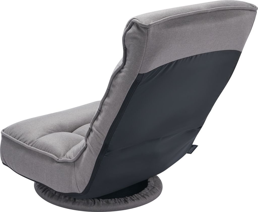 A gray floor gaming chair with a dark gray back panel, shown from a rear-side angle on a white background.