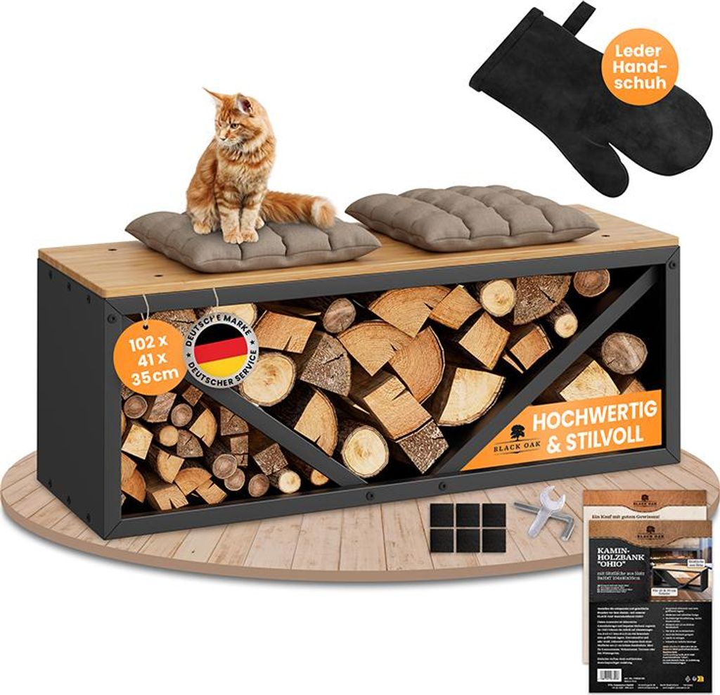 BLACK OAK OHIO Kaminholzbank Schwarz mit Holzablage & Produktbild 