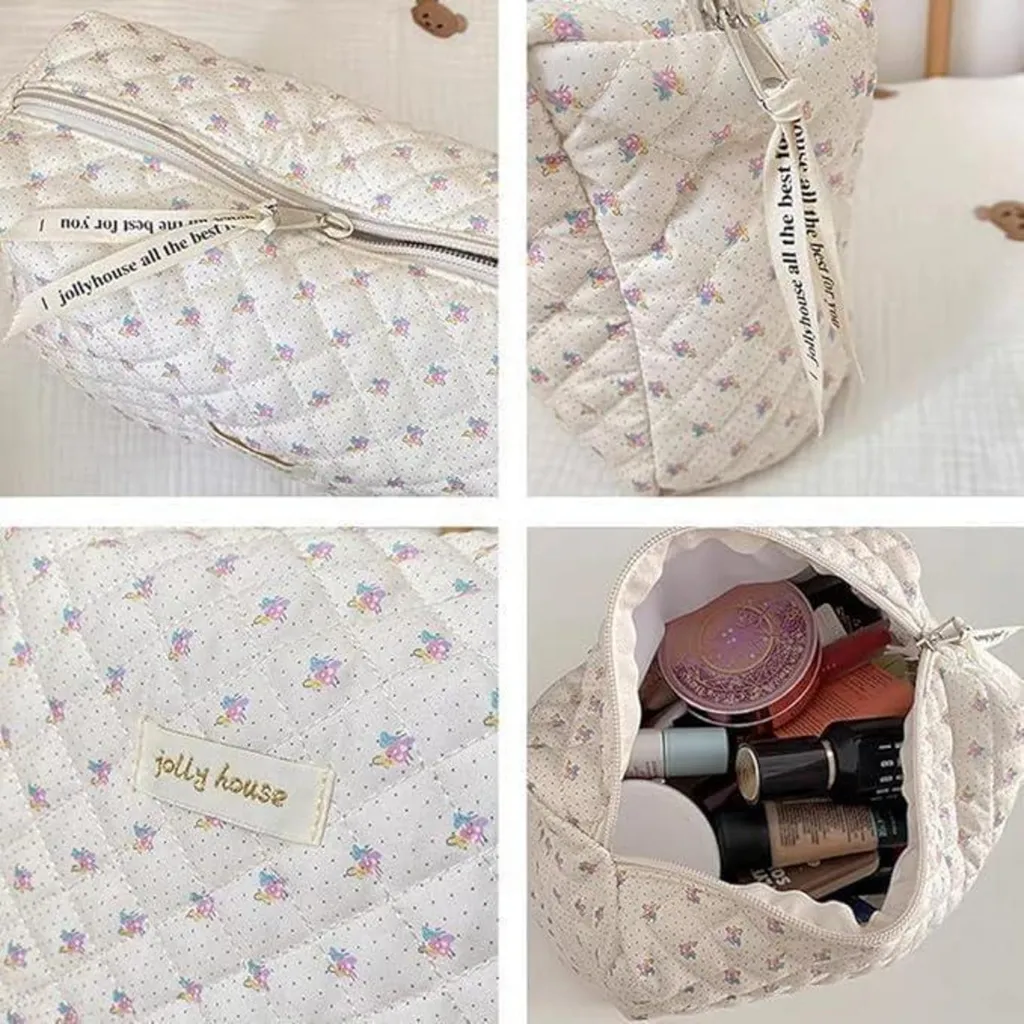 Trousse de maquillage matelassée en coton fleuri, grand format voyage
